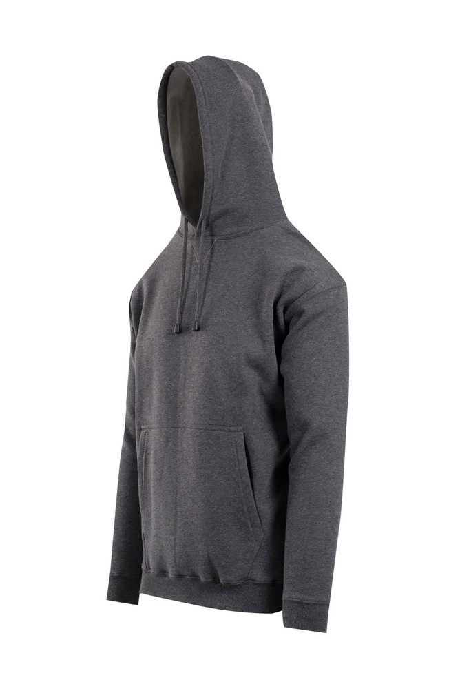 A grey men's hooded jumper featuring a kangaroo pocket and a drawstring hood, with a logo on it.