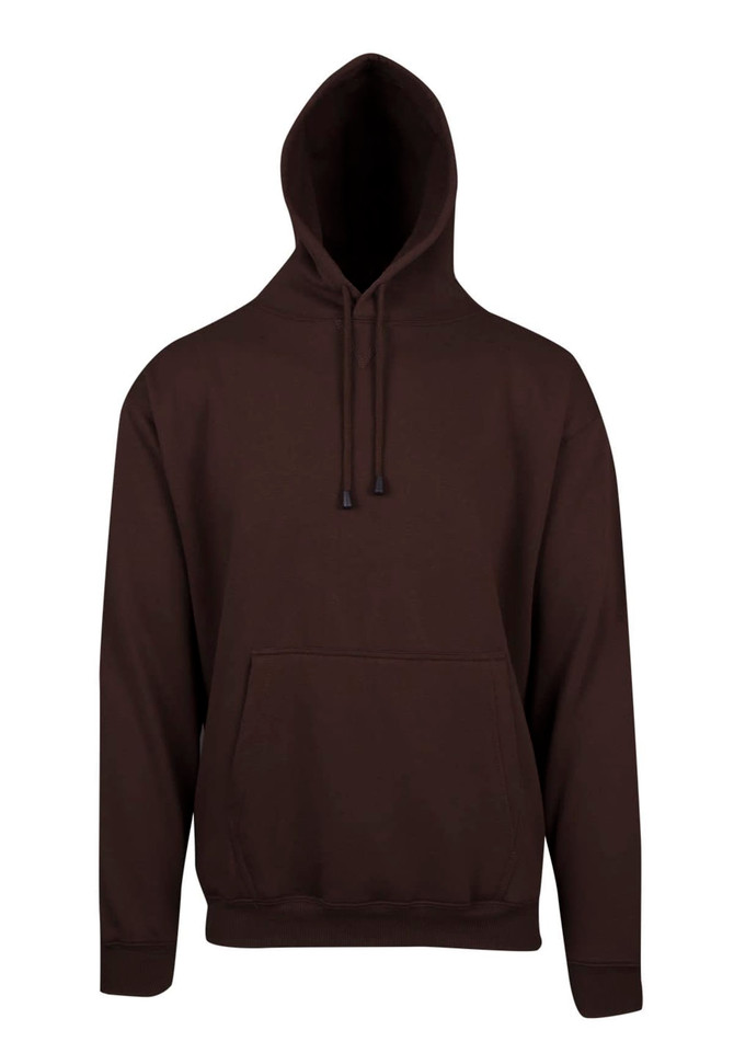A brown men's hoodie with a kangaroo pocket and a drawstring hood, featuring a logo on the front.