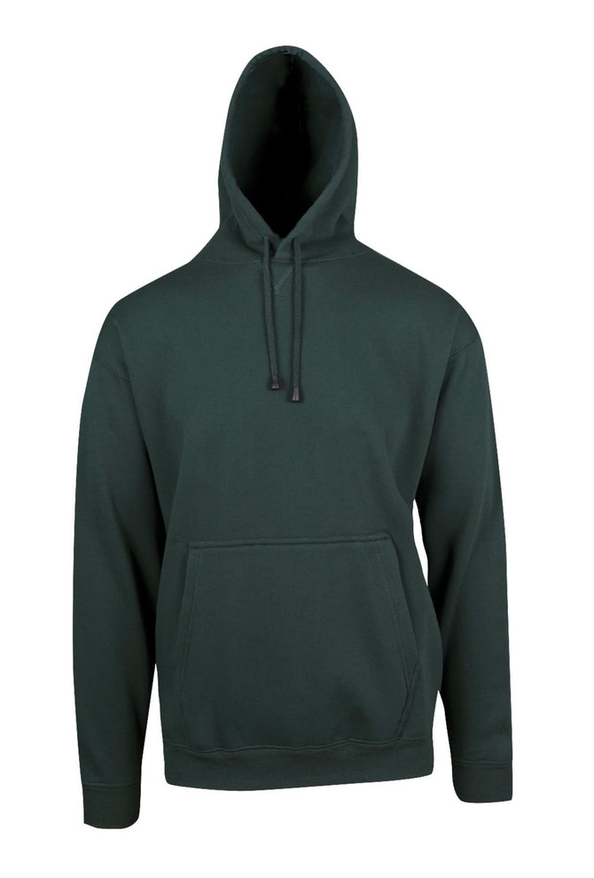 A dark green men's hoodie with a kangaroo pocket and a drawstring hood. It features a logo on the front.