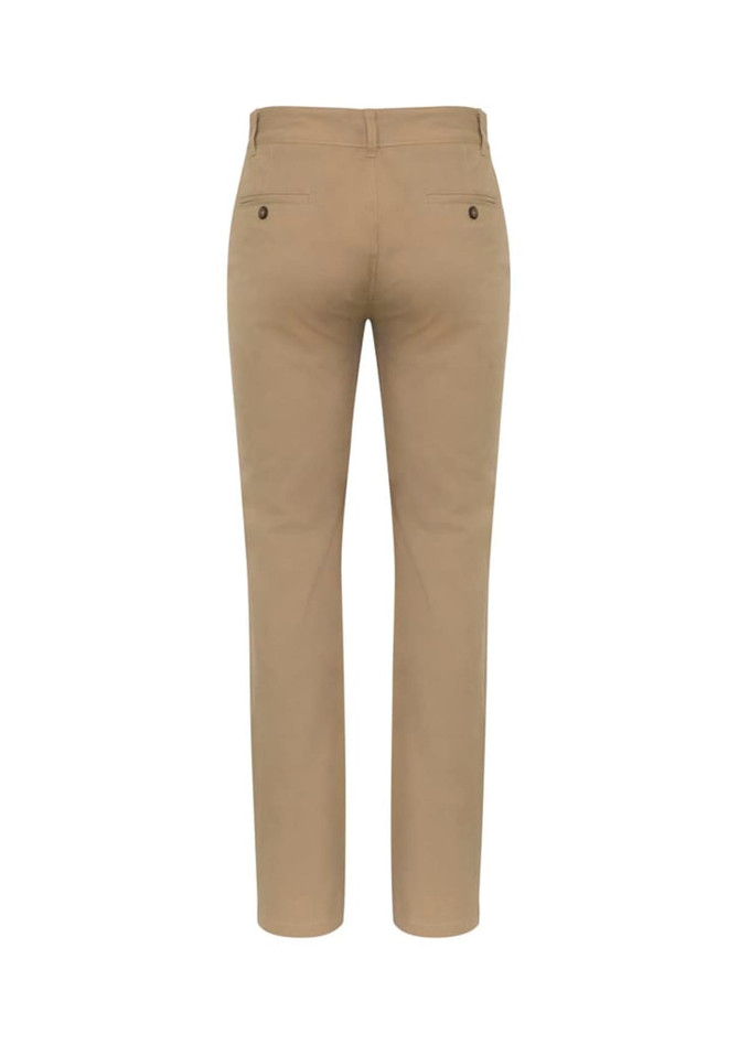 Beige chinos with a slim fit, featuring back pockets and a branded logo, viewed from the back.