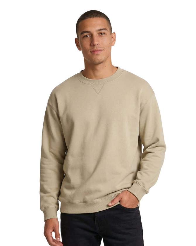 A beige adult poly-cotton fleece jumper is displayed on a male model, featuring a simple design and crew neckline.