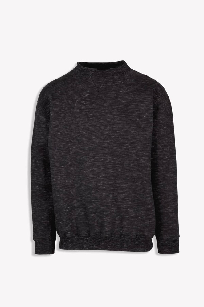 A black, poly-cotton fleece jumper with a crew neck and long sleeves. It features a subtle textured pattern.