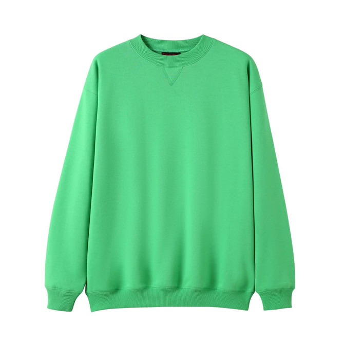 A green poly cotton fleece jumper with a round neckline and long sleeves. It features a logo on the front.