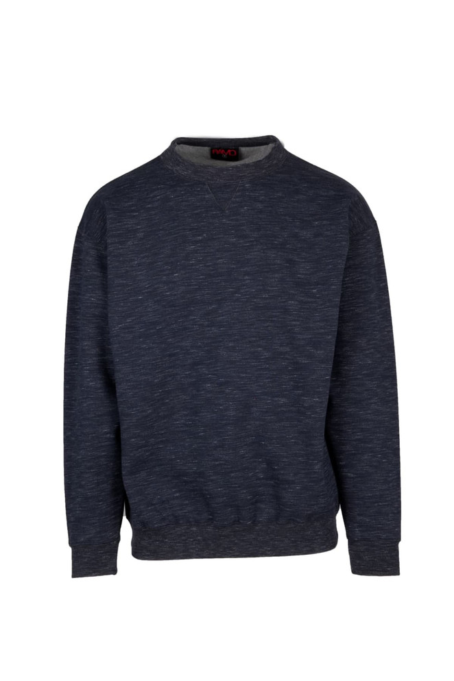 A dark grey poly cotton fleece jumper with a crew neck and long sleeves, featuring a logo on the neck.