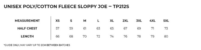 A table displaying measurements for a unisex poly/cotton fleece sloppy joe in various sizes, including half chest and length.
