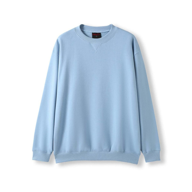 A light blue adult poly cotton fleece jumper with a crew neckline and long sleeves, featuring a logo.
