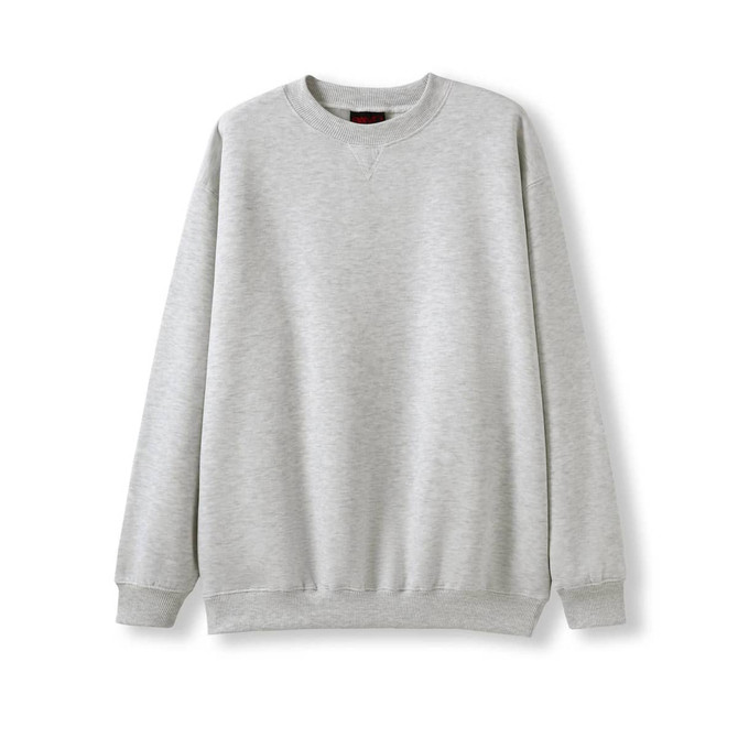 A grey poly cotton fleece jumper with a round neck and long sleeves. The jumper features a logo.