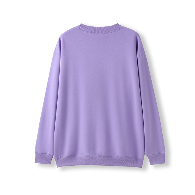 A lilac adult poly cotton fleece jumper with a ribbed hem and cuffs, featuring a logo on the back.
