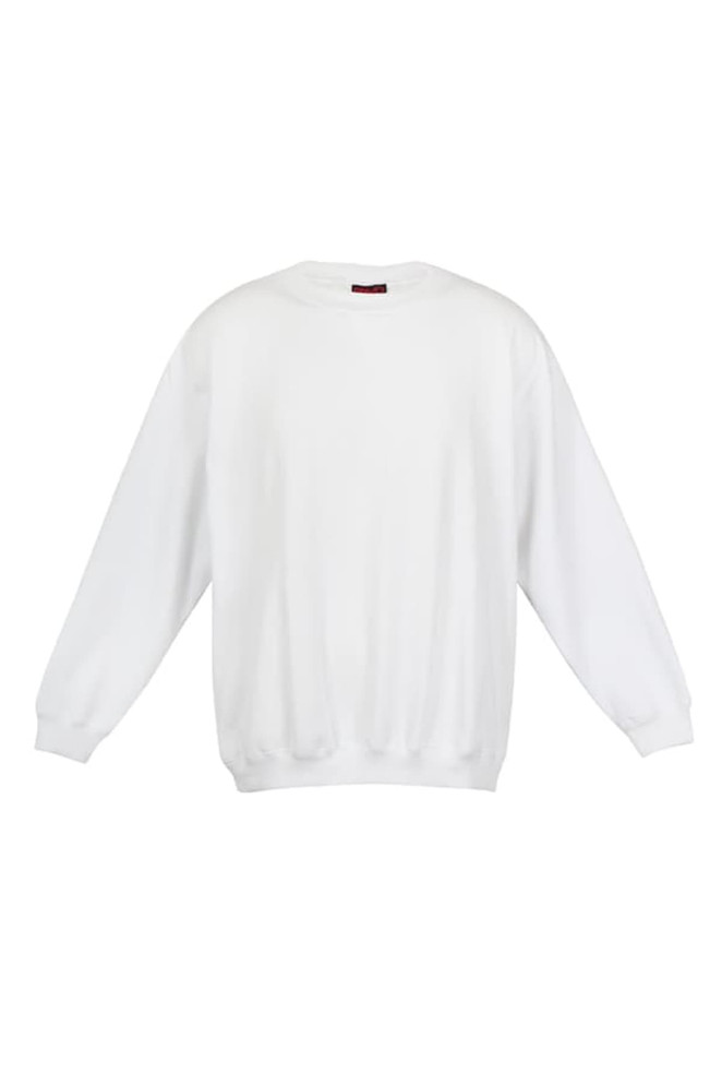A white poly cotton fleece jumper with long sleeves and a round neckline. It features a branded label.