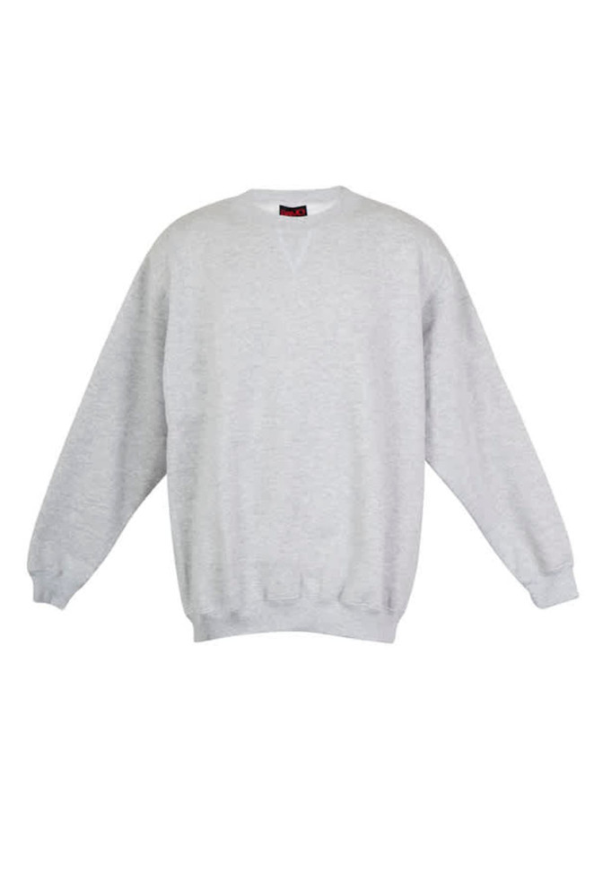 A light grey adult poly cotton fleece jumper with a round neckline and ribbed cuffs, featuring a logo.