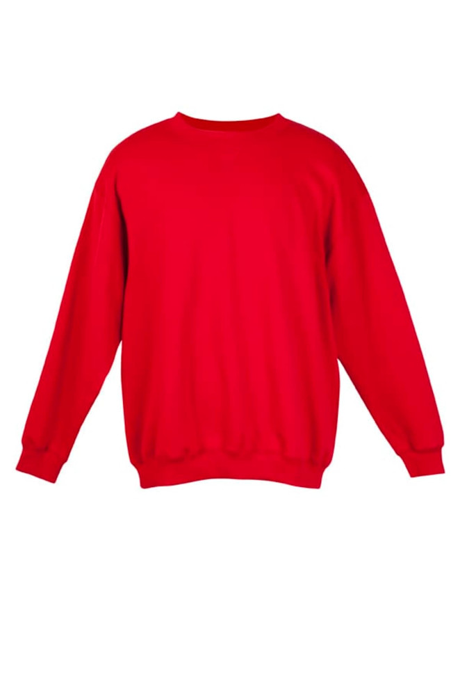 A red adult poly cotton fleece jumper with a round neckline and long sleeves, featuring a logo.