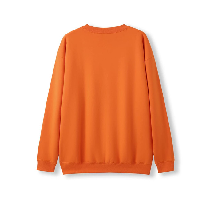 An orange adult poly cotton fleece sloppy joe jumper displayed from the back, featuring long sleeves and a relaxed fit.