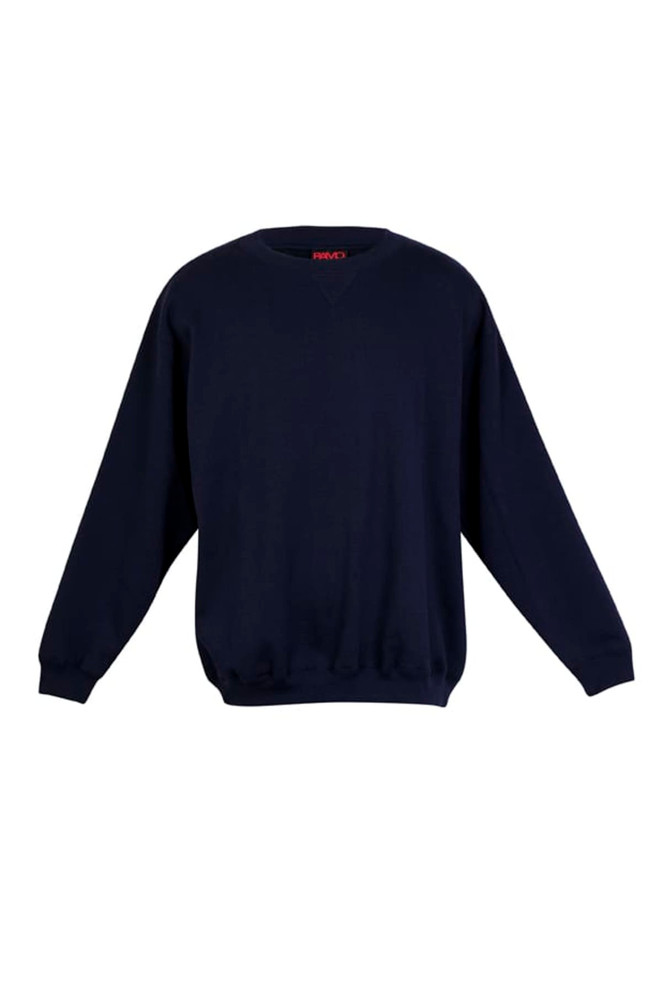 A navy blue adult poly cotton fleece jumper with long sleeves and a round neckline. Features a logo.