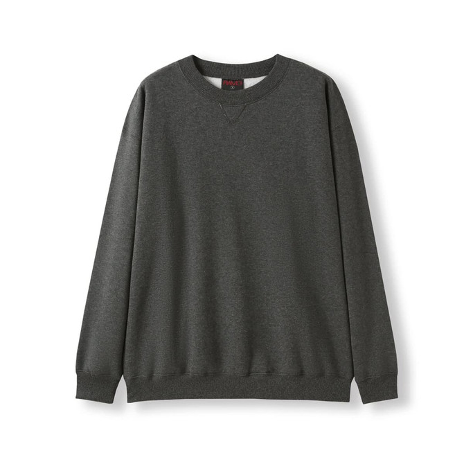 A dark grey poly cotton fleece jumper with long sleeves and a rounded neckline, featuring a branding label.