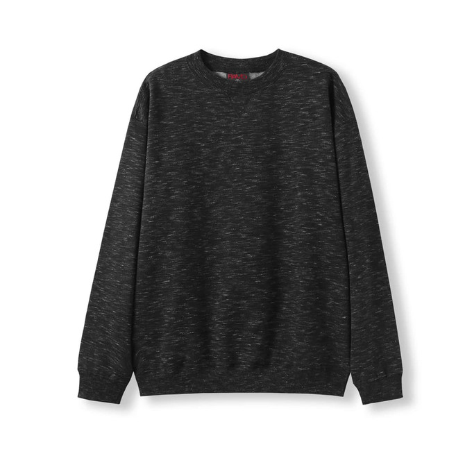 A black poly cotton fleece sloppy joe jumper featuring a ribbed neckline and cuffs, with a brand logo.