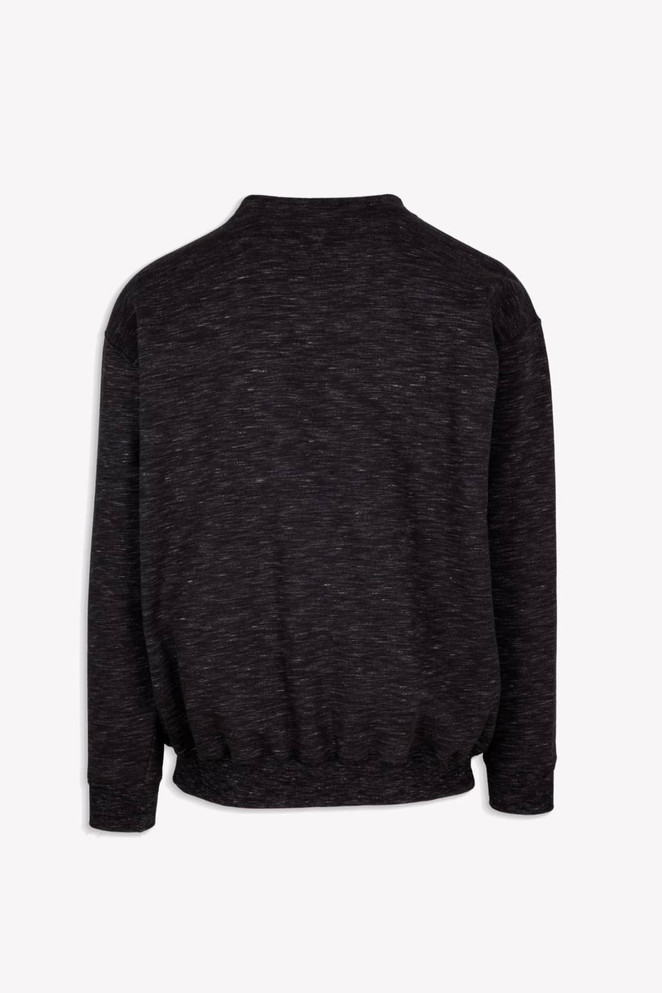 A black poly cotton fleece jumper with a relaxed fit and a simple design, featuring a logo on the back.