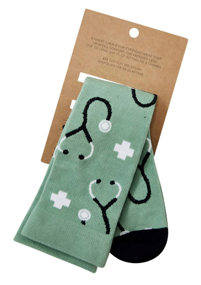 A pair of mint green unisex socks featuring a medical stethoscope pattern and a logo on the packaging.