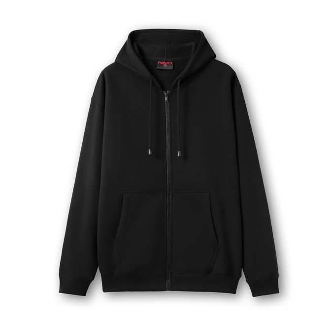A black zip hoodie featuring a front pocket and drawstring hood. It has a logo on the label.