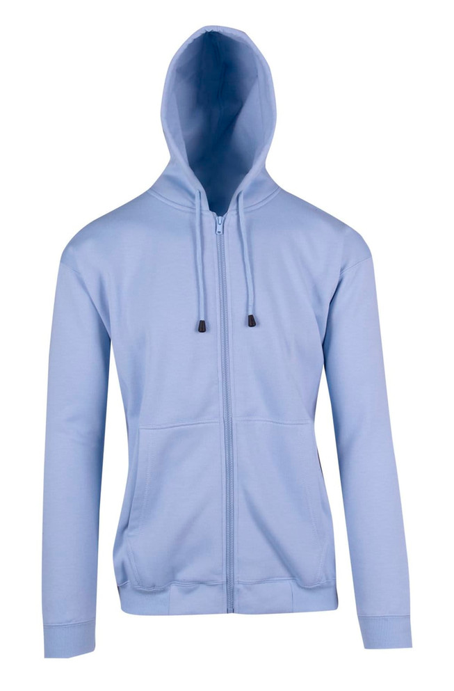 A light blue zip hoodie with a front pocket and a hood, featuring drawstring details. It has a branding logo on it.