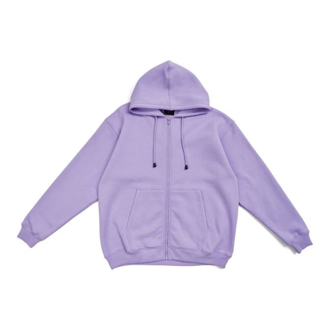 A purple zip hoodie with a front pocket and an attached hood, featuring drawstrings. It has a logo on it.