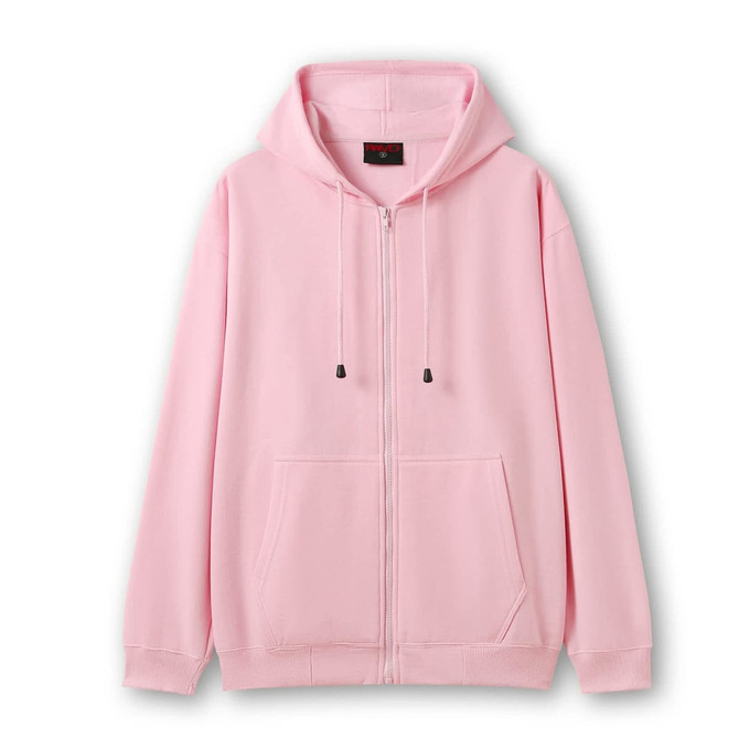 A pink zip hoodie featuring a front pocket and a hood, with an attached logo.