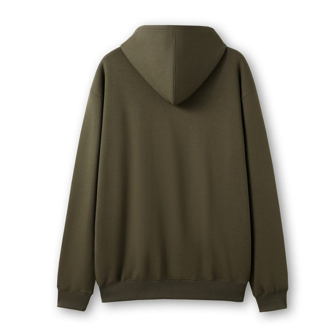 A men's zip hoodie in a dark olive green colour, featuring a back view with a hood. It has a logo on the garment.
