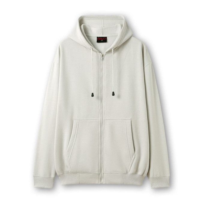 A light grey men's zip hoodie with a pocket, featuring a hood and elasticised cuffs. It has a logo on the label.