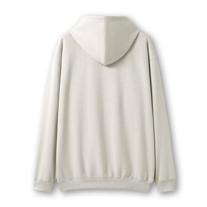 A light grey men's zip hoodie featuring a hood and a back view with a pocket. It has a plain design.