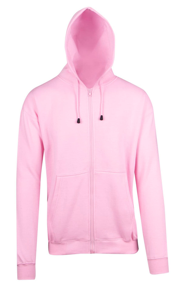 A pink zip hoodie with a front pocket and drawstring hood. Features branding on the garment.
