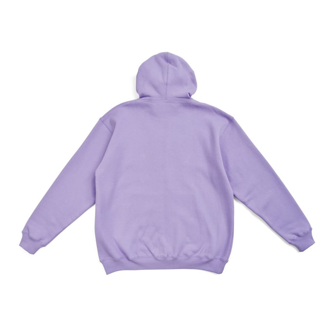 A lilac men's zip hoodie with a pocket, featuring a hood and soft fabric texture on the back view.