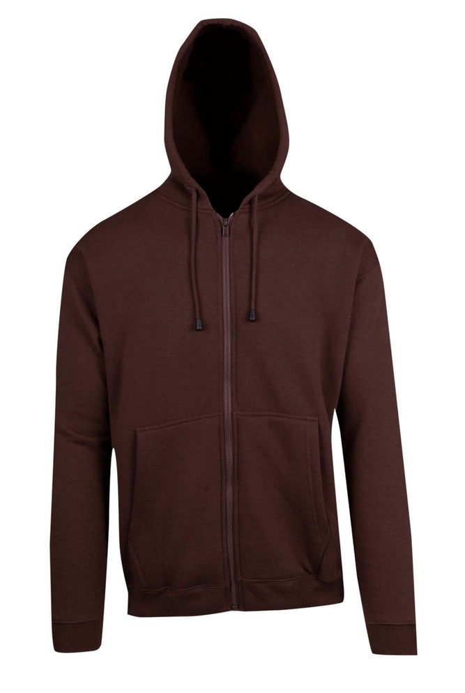 A brown zip hoodie featuring a front pocket and a hood, with a logo on the garment.