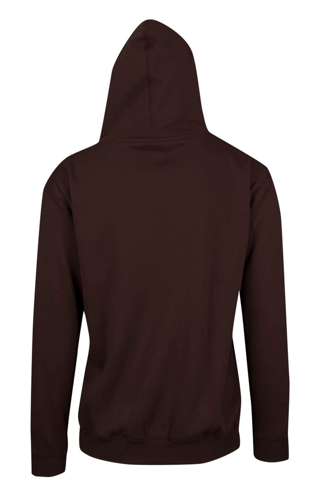 A brown men's zip hoodie with a pocket, featuring a hood, displayed from the back.