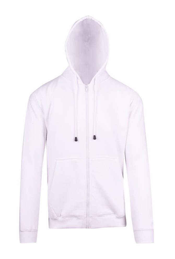 A white zip hoodie with a pocket and a hood, featuring a simple design and no visible branding.