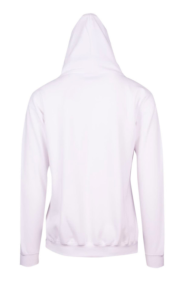 A white men's zip hoodie with a pocket, featuring a plain back view and a hood.
