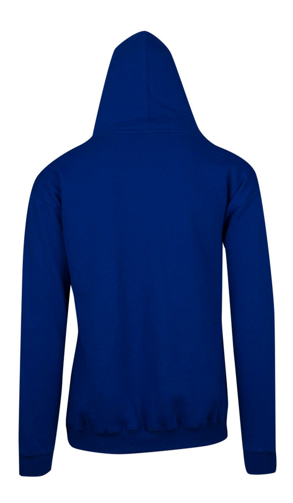 A blue men's zip hoodie featuring a pocket and a hood, shown from the back.