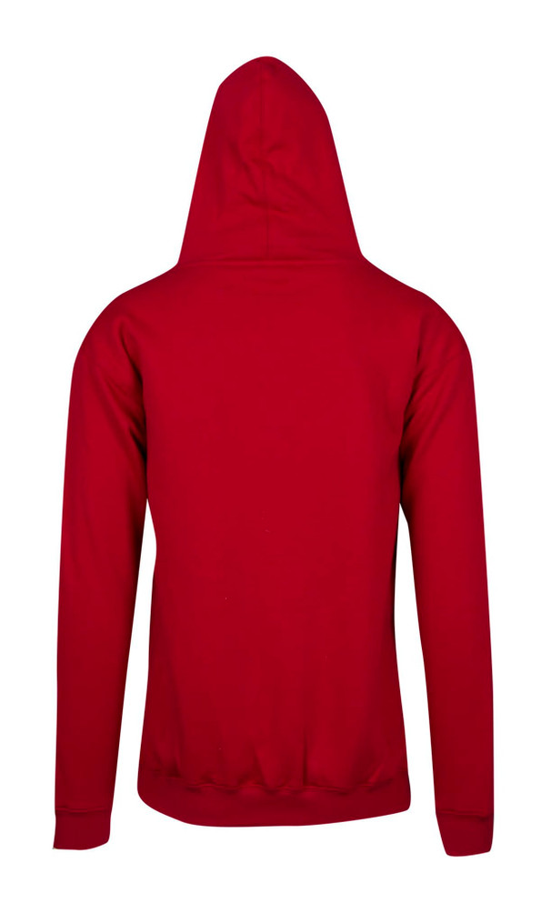 A red men's zip hoodie featuring a hood and a pocket, with a simple design and no visible branding.