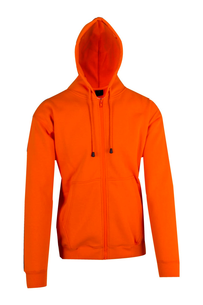 An orange zip hoodie with a pocket and a hood, featuring a logo on the sleeve.