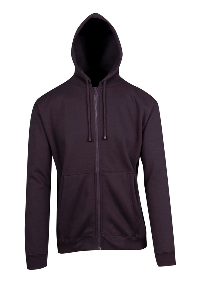 A dark grey zip hoodie with a front pocket and a hood, featuring a logo on the side.