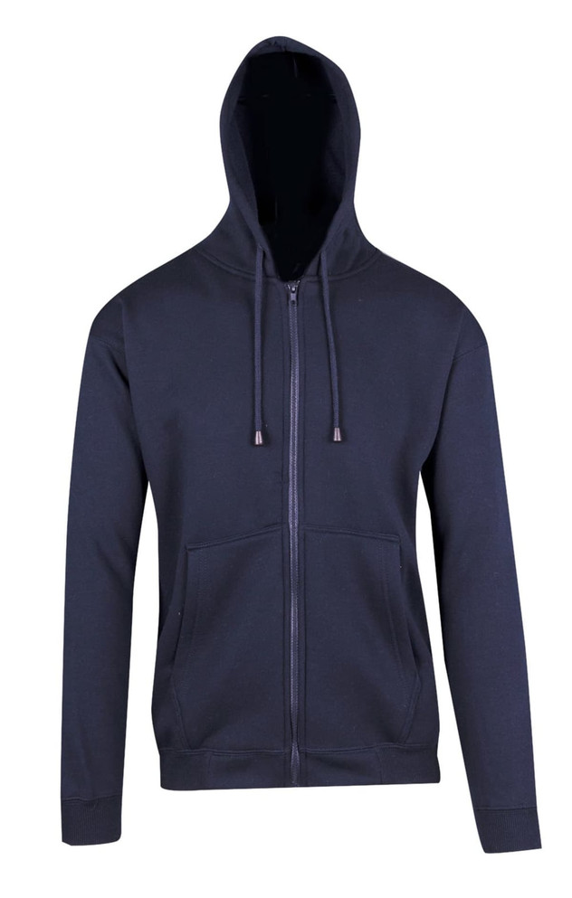 A navy men's zip hoodie featuring a front pocket and drawstring hood, with a logo on the chest.
