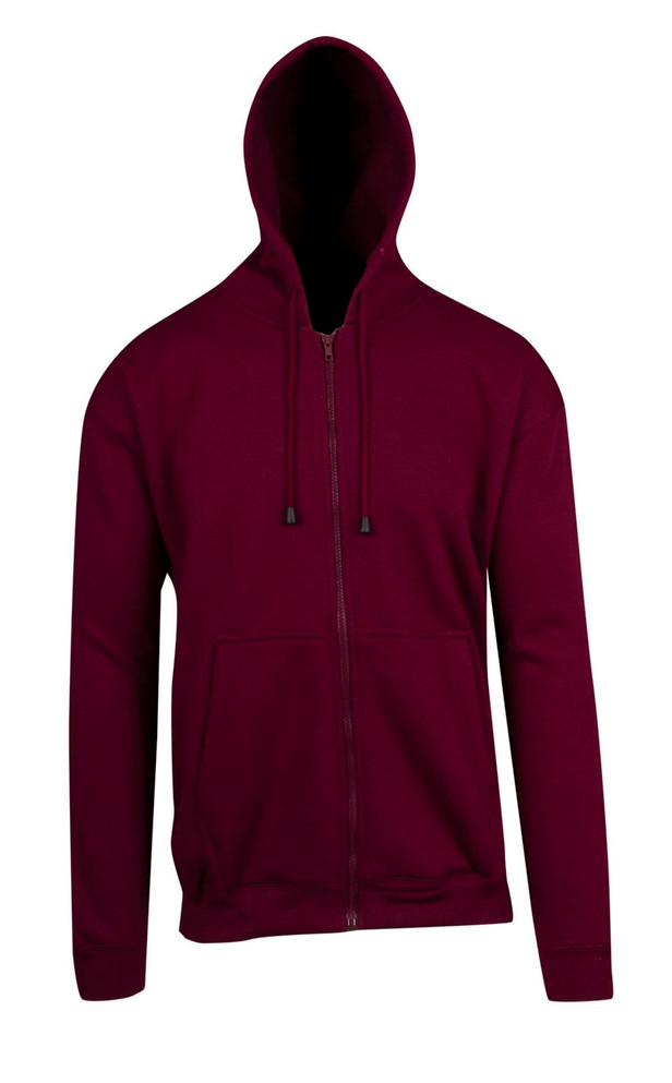 A maroon zip hoodie with a pocket and a hood, featuring a logo on the front.