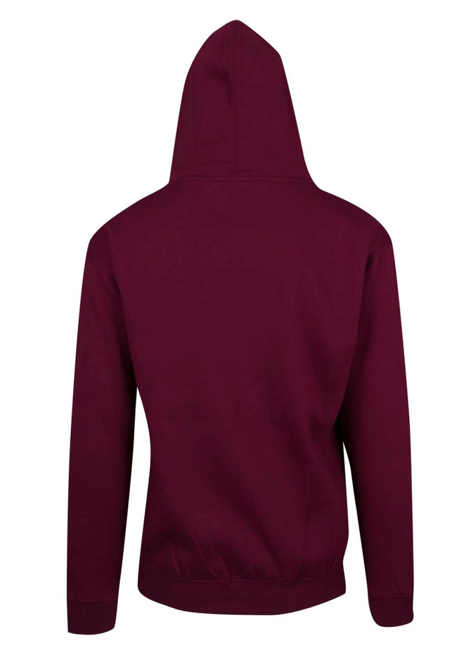 A maroon men's zip hoodie with a pocket and a hood, featuring a logo on the front.