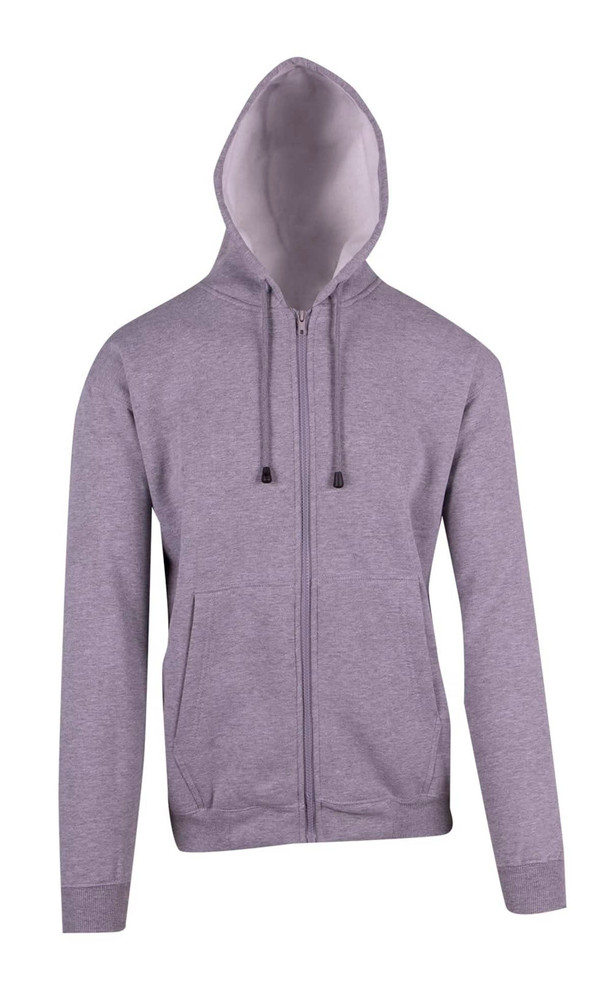 A grey men's zip hoodie with a pocket and a drawstring hood, featuring a logo.