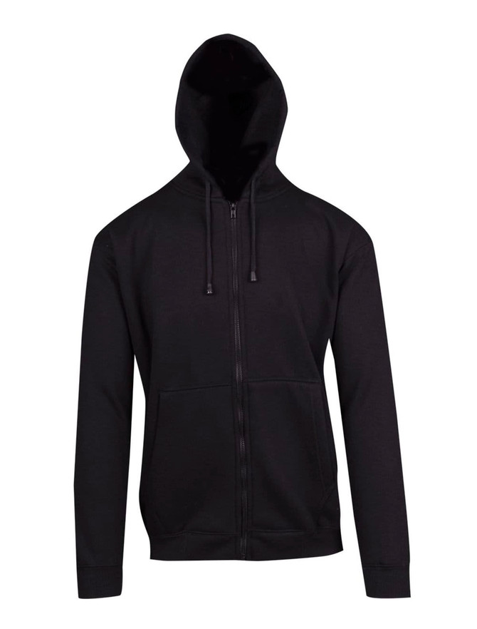 A black zip hoodie featuring a front pocket and drawstring hood, with a logo on the chest.