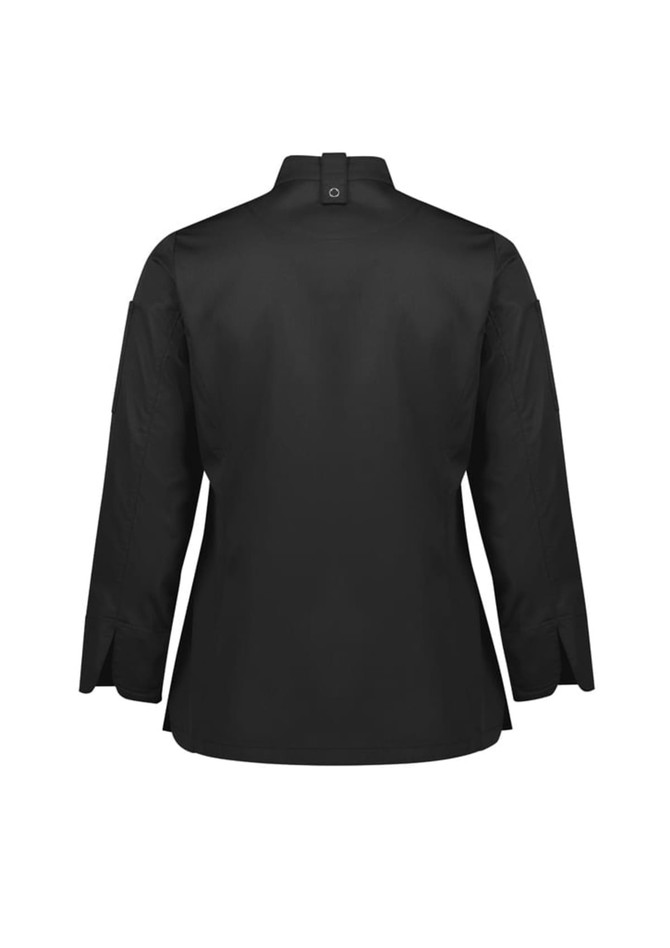 A black women's long sleeve chef jacket with a collar and button closure at the back, featuring a logo.