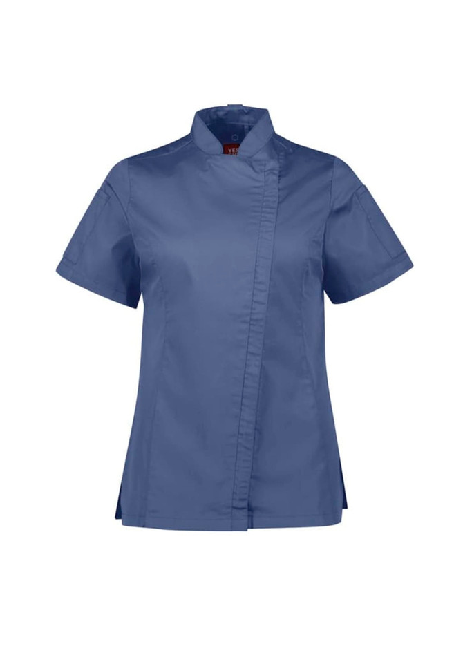 A short sleeve chef jacket in navy blue with a fitted design and a logo on the side.
