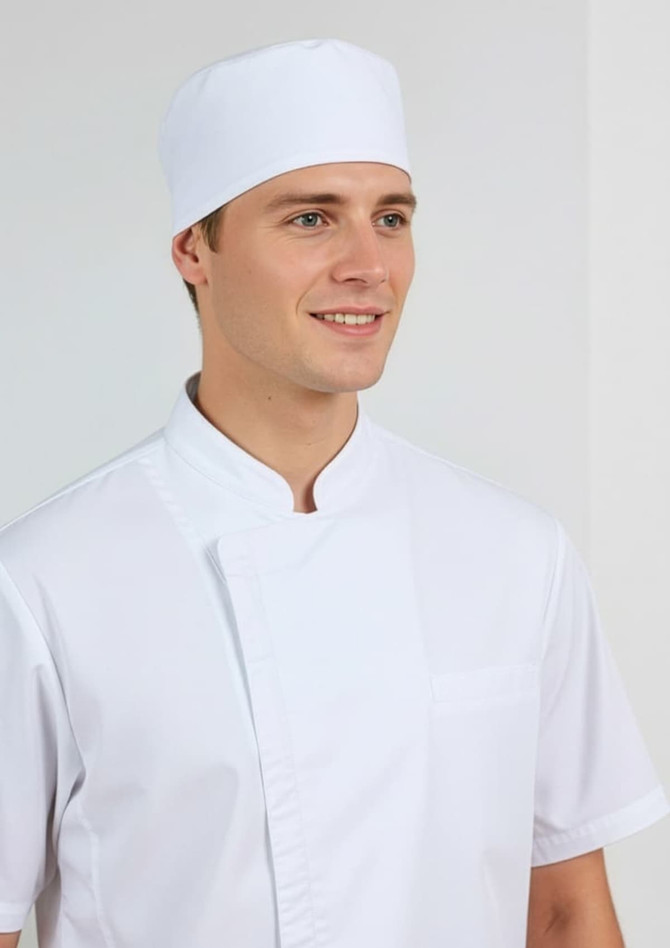 A white short sleeve chef jacket worn by a smiling man, paired with a matching white chef hat.