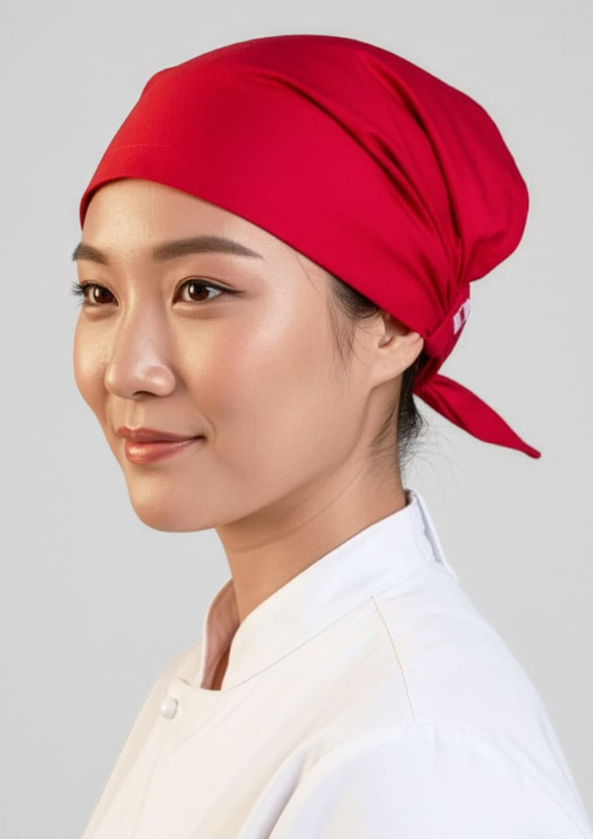 A red chef bandana worn by a woman, designed as part of chefwear uniforms. It has a simple, stylish design.