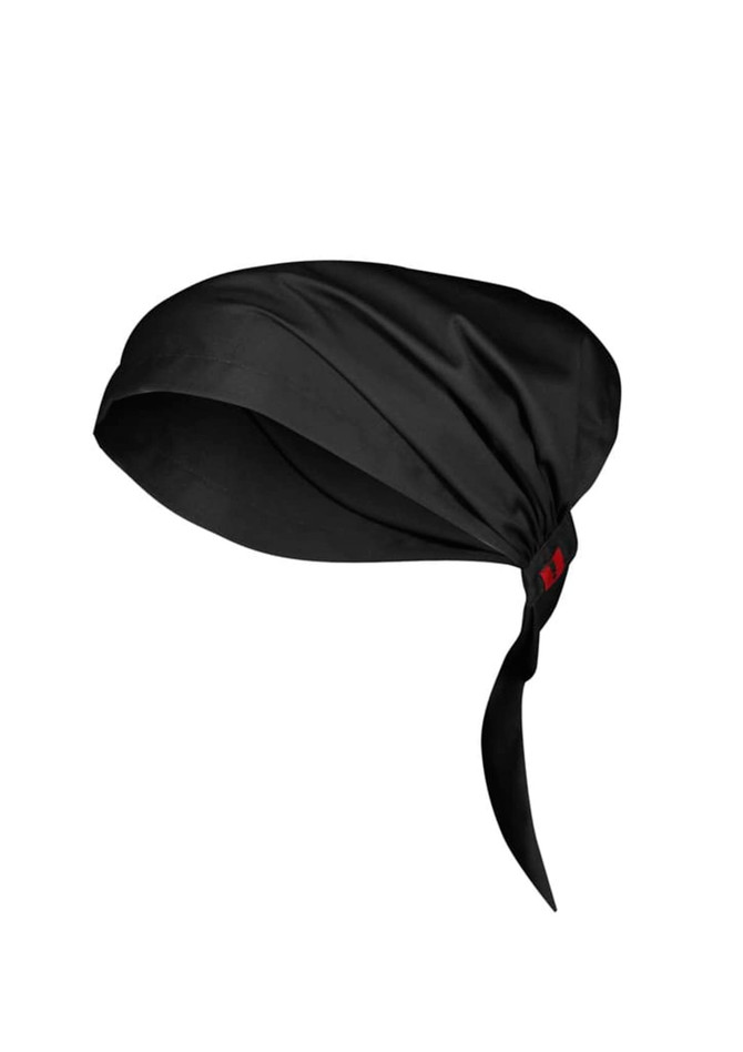 A black chef bandana with a tie at the back and a logo on one side, designed for chefwear.