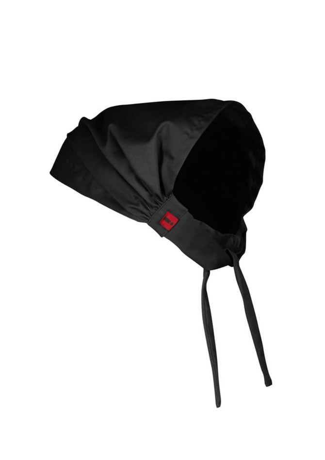 A black chef bandana with a tied back design, featuring a small logo on one side.