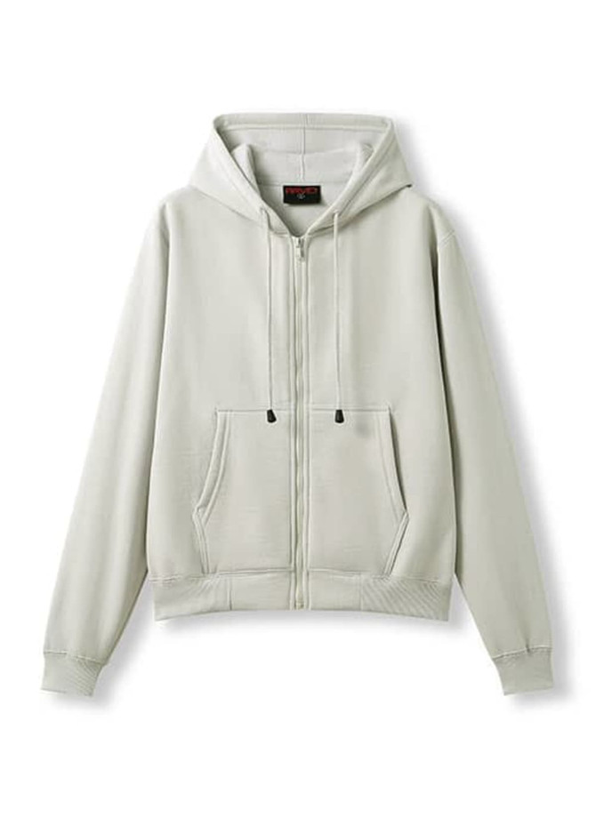 A light grey women's juniors zipper hoodie with a pocket and adjustable drawstring hood, featuring a logo.